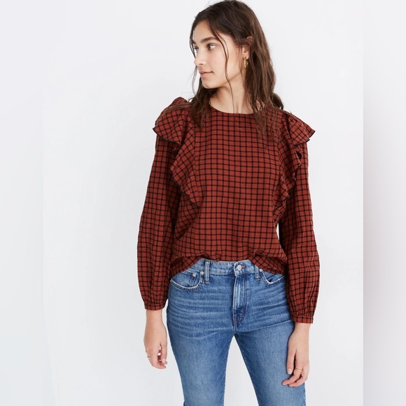 Madewell Ruffle-Front Top Plaid Fall Winter Gingham Cottagecore Peasant Preppy - Picture 1 of 8